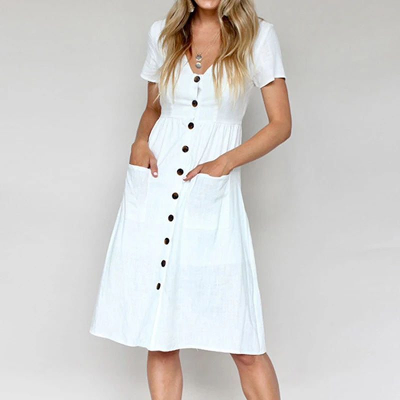 Women's Sexy Summer Dresses 2019 Boho Short Sleeve Button Solid Midi Dress Sundress With Pockets Lady Beach Party Dress Vestidos