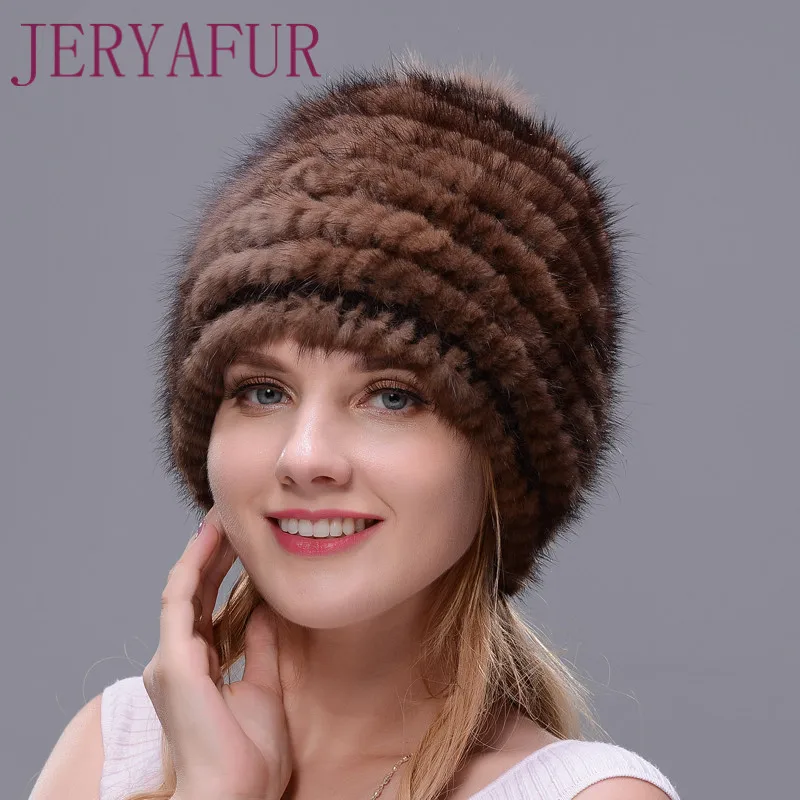 

2019 Hot sale real mink fur hat for women winter knitted mink fur THE SPIRAL beanies cap with fox fur pom poms hair accessories