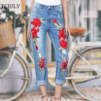 

TCJULY New Design Fashion Rose Flowers Embroidered Jeans For Women Bleached Washed Casual Denim Pants Streetwear Slim Blue Jeans