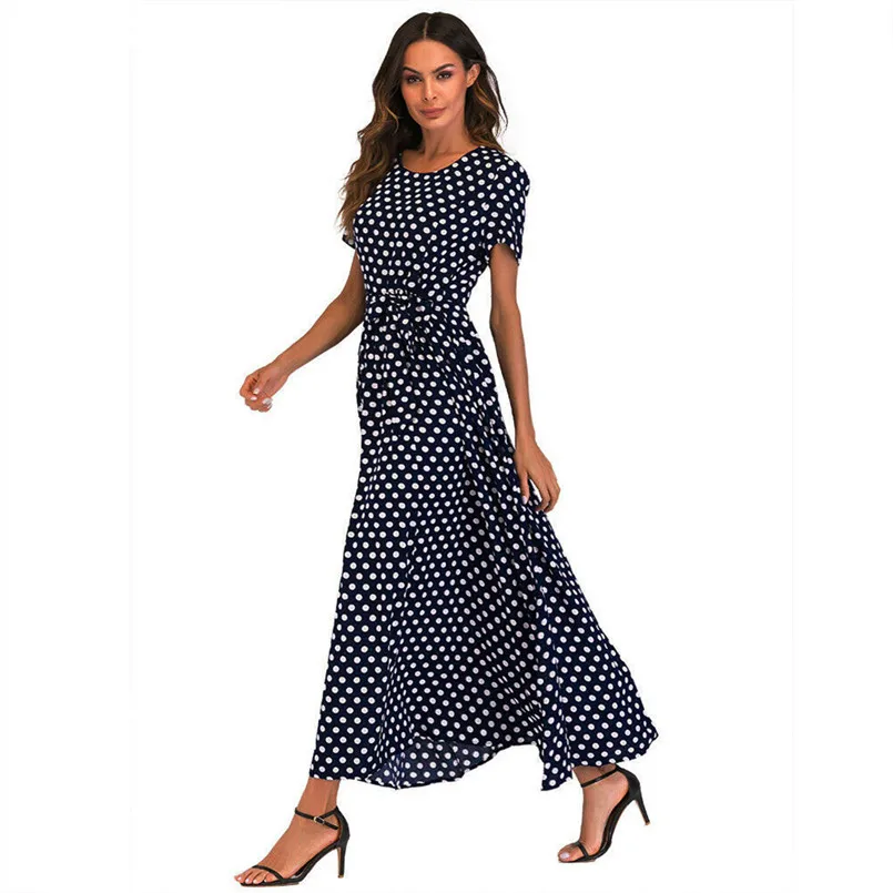 New Women Summer Vintage O-Neck Short Sleeve Beach Polka Dot Bandage Long Maxi Dress Sexy Elegant Lady Holiday New Dress #4R08 (7)