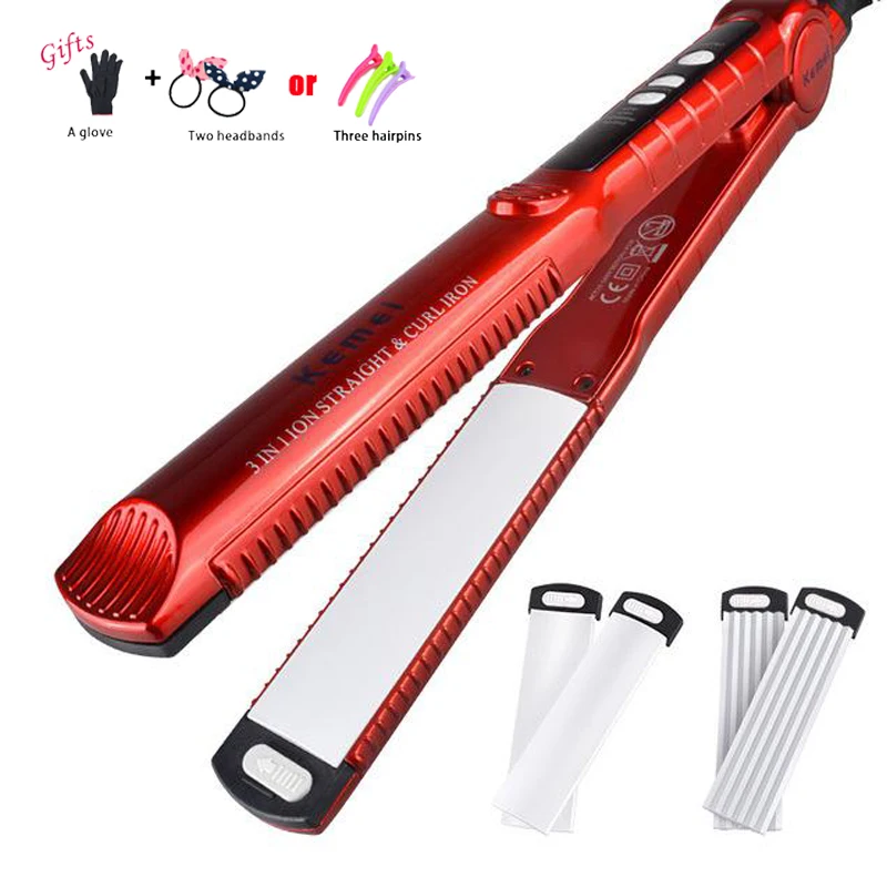 

3 in 1 Hair Straightener + Hair Curler Rollers + Ceramic Corrugation Wave Plate Curling Iron Styling Tool Flat Curling Iron C21