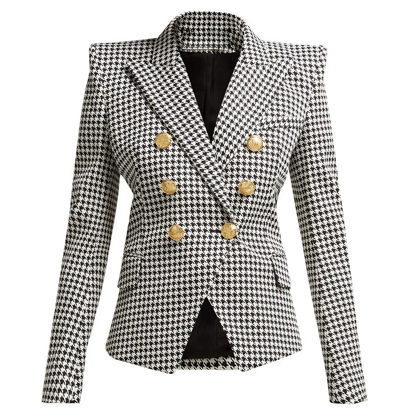 

European style women's double breasted blazers jackets New 2019 spring elegant slim fit houndstooth jackets coat women G146