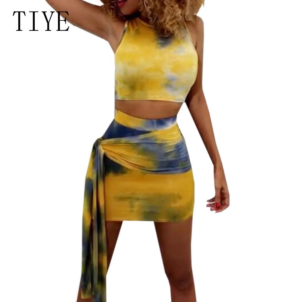 

TIYE Retro Yellow Printed Sexy Two-piece Women Summer O Neck Sleeveless Bodycon Bandage Dresses Elegant Casual Beach Party Dress
