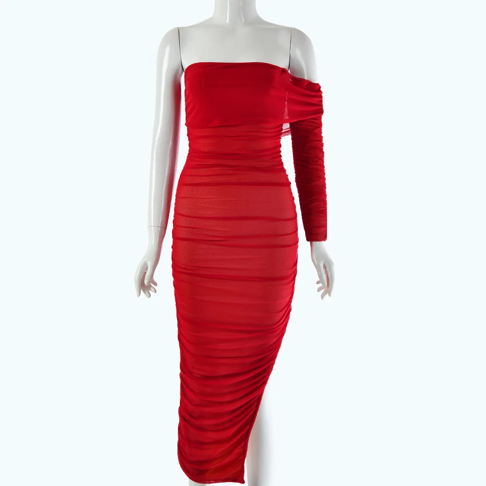Helisopus Плиссированное Сетчатое облегающее платье с открытыми плечами, женское осеннее сексуальное длинное платье с разрезом по бокам, вечернее платье с открытой спиной, vestidos - Цвет: Красный