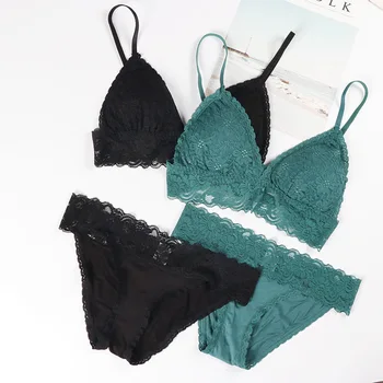 

Thin French Style Bralette panties Lace Wireless Triangle Cup Women Lingerie suits Soft Bra sets Seamless Underwear Deep V Girls