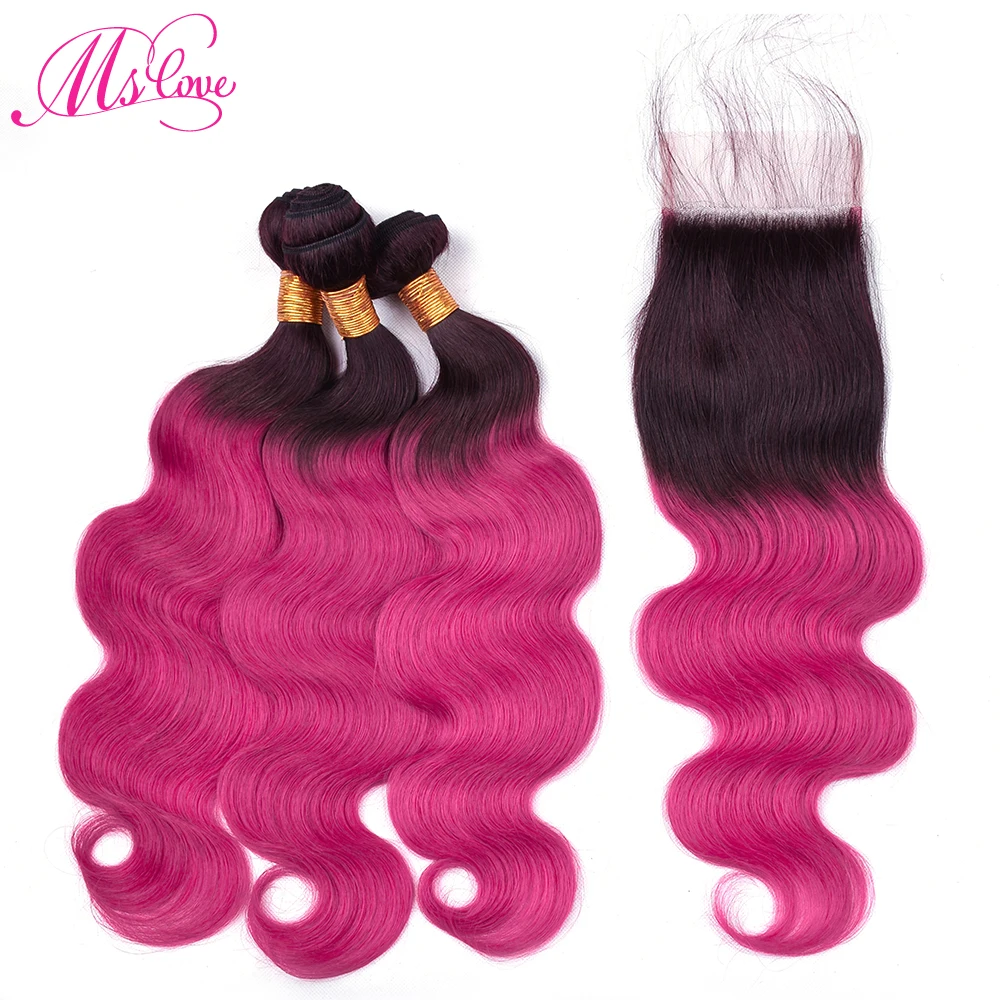 Ms Love Pre Colored Hair Body Wave T1b Red Bundles With Closure Remy Ombre Brazilian Human Hair Bundles With Lace Closure
