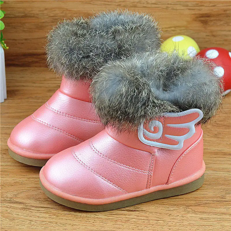 Image girls snow boots autumn and winter fashion wings leather waterproof soft bottom thick plush kids boys boots kids fashion boots