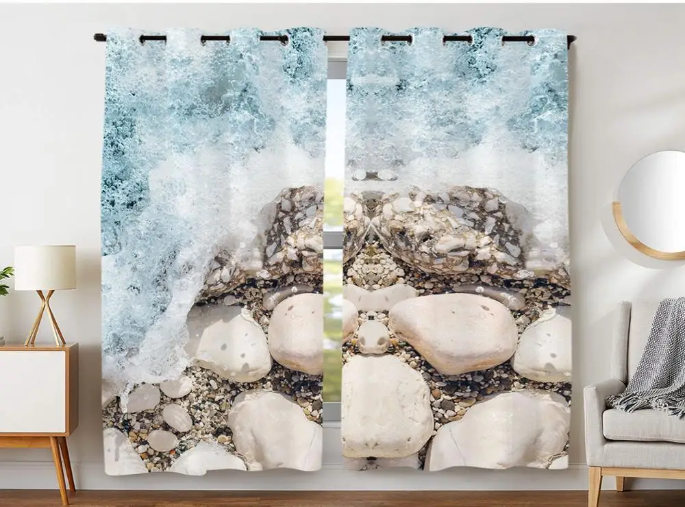

Blackout Curtains Darkening 2 Panels Grommet Window Curtain for Bedroom Beach Clear Sea Sand Ocean Stone