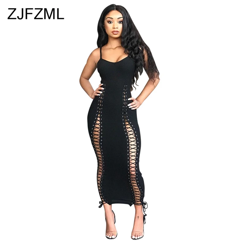 

Hollow Lace Up Sexy Bandage Long Dress Women Spaghetti Strap Backless Bodycon Sundress Casual Sleeveless Slim Fit Party Dresses