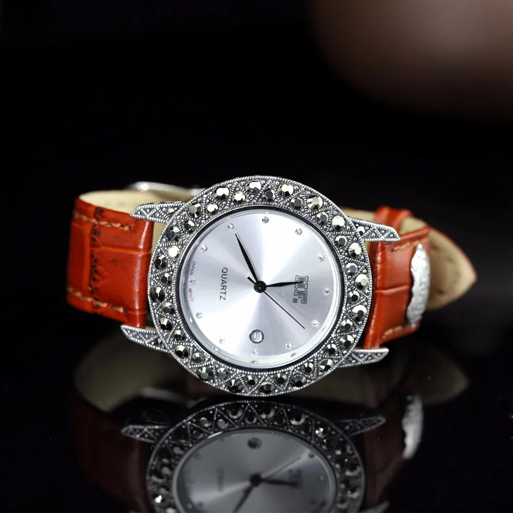 New Arrival S925 Pure Silver Lover`s Watch Leather Band Classical Lovers Thai Silver Bracelet Thailand Process Rhinestone Bangle New Arrival S925 Pure Silver Lover`s Watch Leather Band Classical Lovers Thai Silver Bracelet Thailand Process Rhinestone Bangle