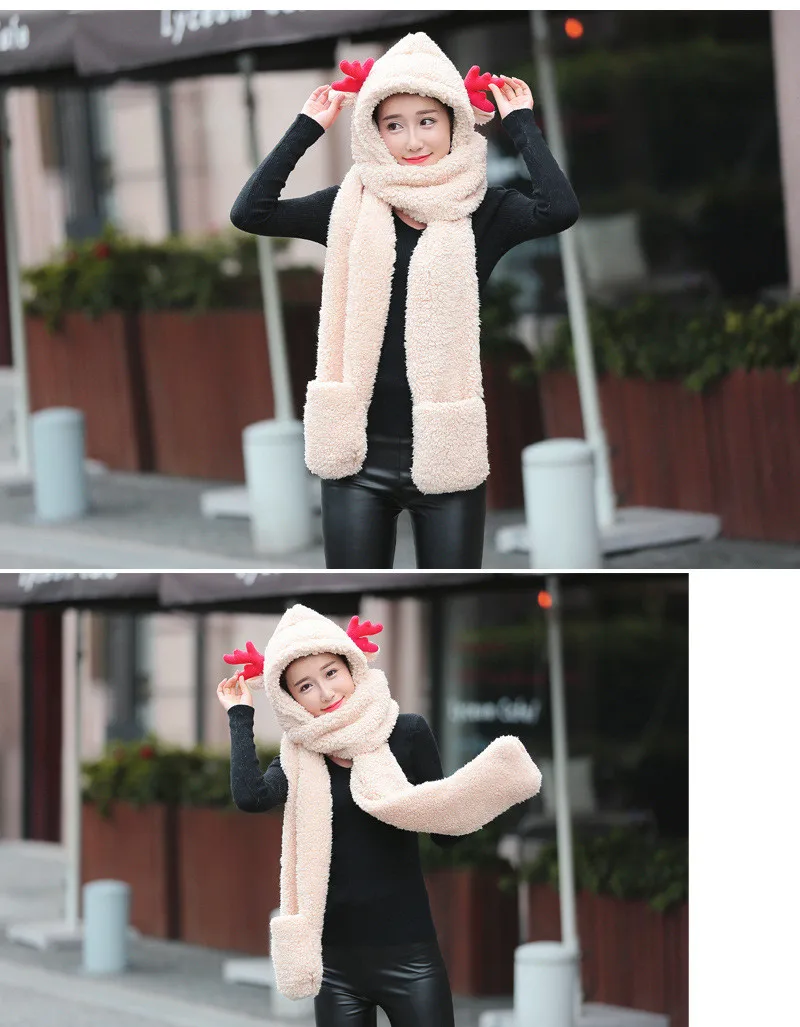 Women New Scarf Gloves Three-Piece Set Fashion Christmas Deer Plush Cartoon Hat Cute Sweet Wild Plus Velvet Scarf SN40 (2)