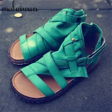 Fashion Green Women Flat Sandals Rome Vintage Genuine Leather Casual Flats Gladiator Sandal Bech Shoes Woman Sandalias Mujer