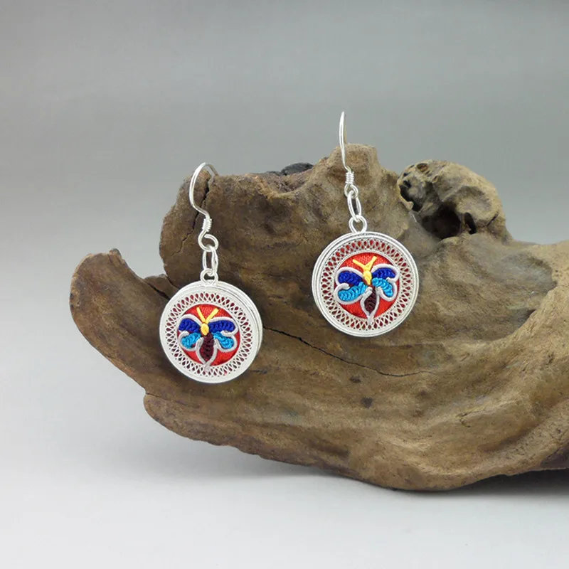 

Guizhou Handmade Earings Ethnic Jewelry Women Dangle Earring Embroidery Vintage 999 Sterling Silver Earrings