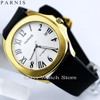 

New 40mm Parnis Yellow Gold Case White Dial Rubber Bands Miyota Automatic Movement Mens Watch