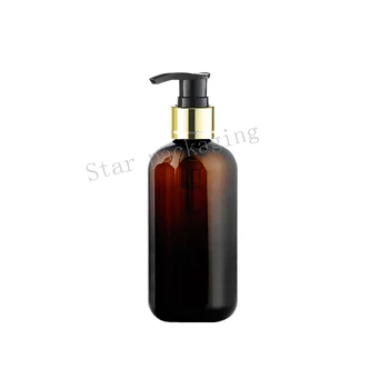 

250ml brown lotion gold collar pump shampoo bottle containers for cosmetic packaging,amber PET bottle with liquid soap dispenser