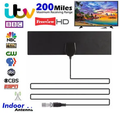 200 миль диапазон цифровой HDTV ТВ антенна усиленная 4K HD Внутренняя плоская черная |