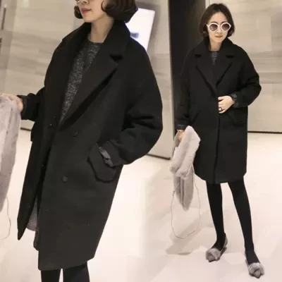 

Autumn Winter Women Thick Long Woolen Coat Black Wool Coat Jackets Women Solid Slim Warm Overcoat