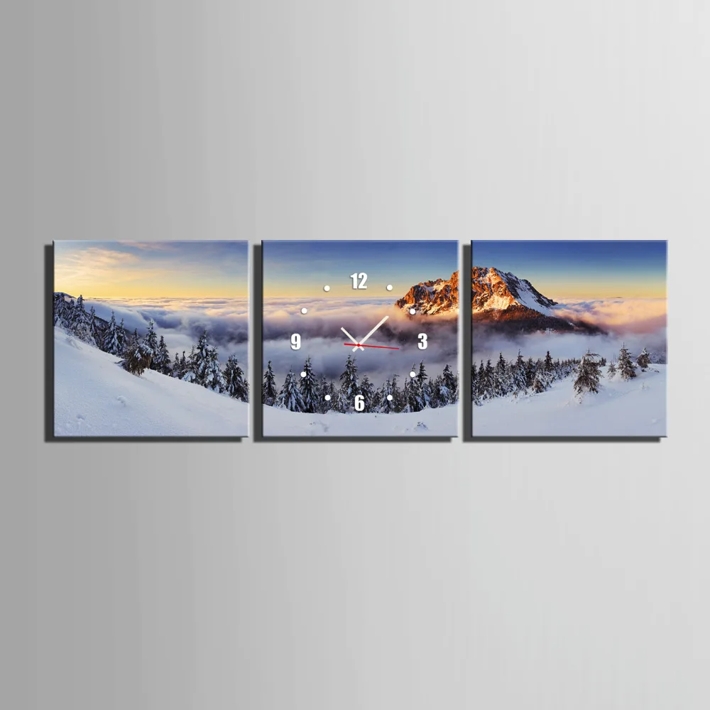Free Shipping E HOME Snow Mountain Scenery Clock in Canvas 3pcs wall