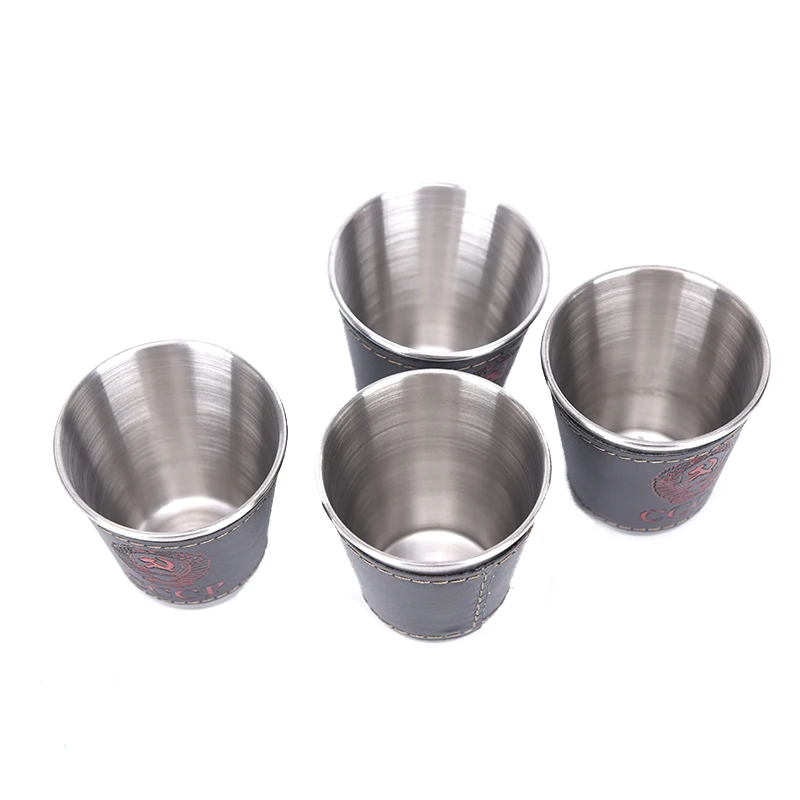 4 개/몫 70ml 야외 캠핑 식기 여행 컵 세트 피크닉 용품 스테인레스 스틸 와인 맥주 컵 위스키 머그잔 PU 가죽