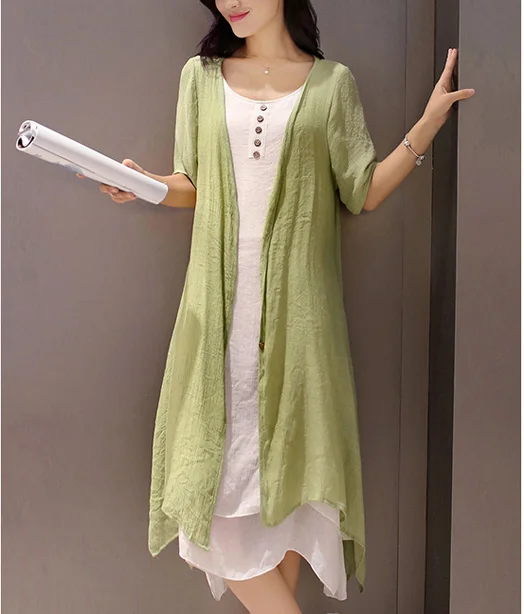 Хлопок Лен размера плюс платья для женщин 3xl 4xl 5xl кимоно Макси платье без рукавов Зеленый Белый платье и кардиган бохо длинное платье - Цвет: Армейский зеленый