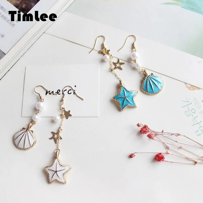 

Timlee E186 Shell Earrings Ocean Series Sweet Cute Seashell starfish Imitation Pearl Earring Wholesale