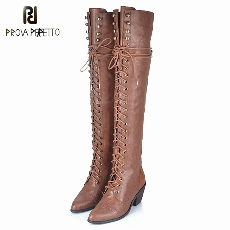 

Prova Perfetto 2018 Top Sale Cow Leather Lace up Retro Over-the-knee Boots Fashionable Large Size Black Long Boots Keep Warm