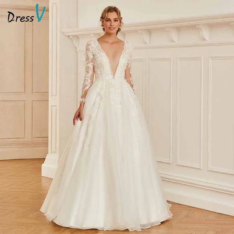 

Dressv v neck elegant appliques lace button wedding dress long sleeves floor length bridal outdoor&church wedding dresses