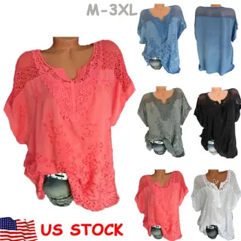 

Summer Women Hollow Out Loose Short Sleeve Casual Blouse Shirt Tops T-shirt US