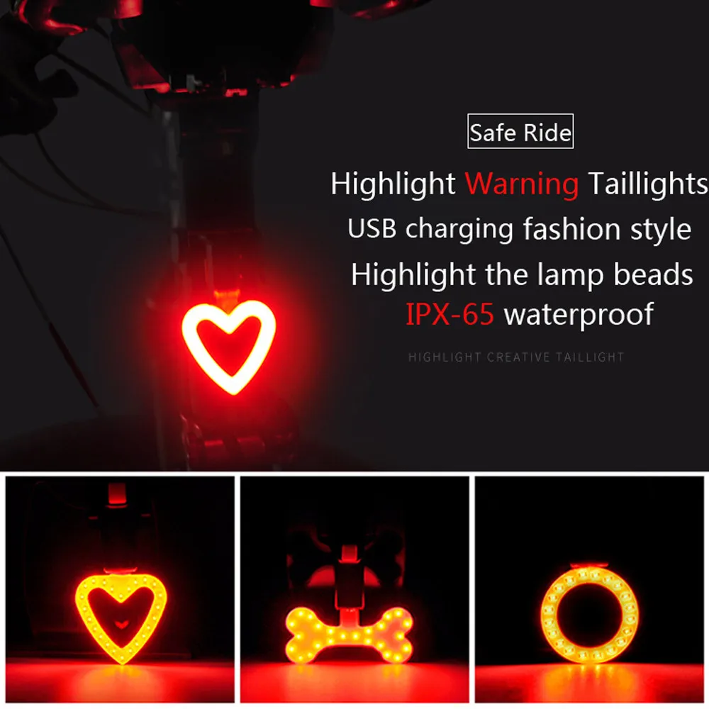 Discount NEW Creative cool  Cycling 24LEDs USB Rechargeable Bike Bicycle Tail Warning Light Rear Safety 5 modes Heart Round Bone shaped 0