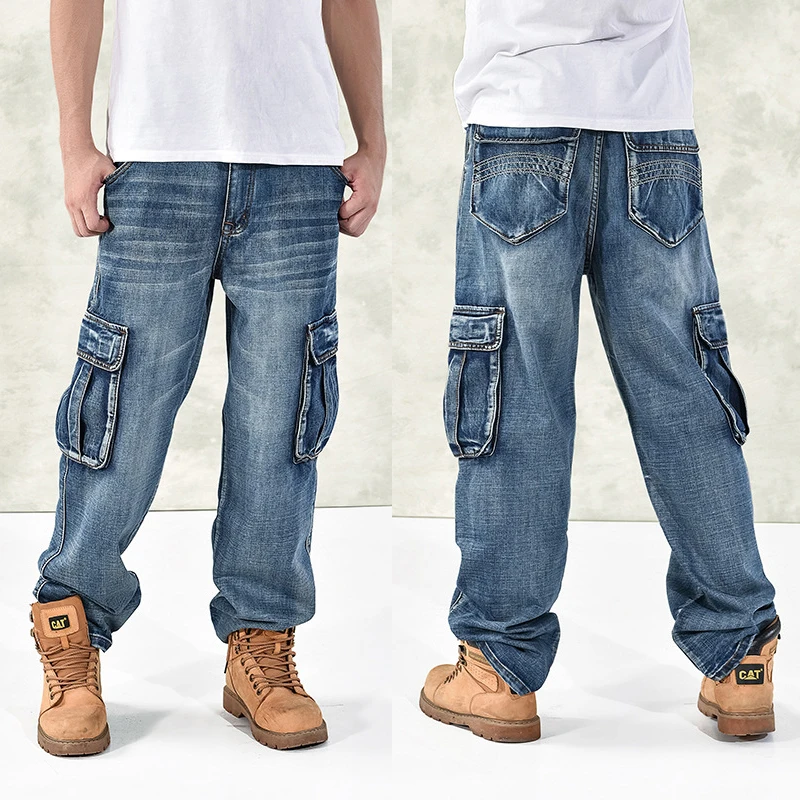 HOT New 2020 Large Size 30-44 46 Jeans Fashion Loose Big Pockets Hip-Hop Skateboard Casual Men Denim Blue & Black Design Brand HOT New 2020 Large Size 30-44 46 Jeans Fashion Loose Big Pockets Hip-Hop Skateboard Casual Men Denim Blue & Black Design Brand