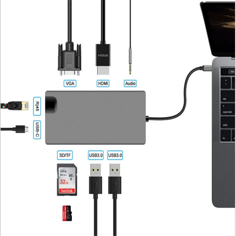 

KuWFi Silver Gray Type-c Adapter HUB Nine in One 9 in 1: USB+USB C+AUDIO+HDMI+TF/SD+VGA+LAN