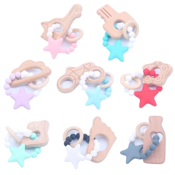 

Baby Teethers Wood Newborn Teething Toys Soft Silicone Star Pattern Teethers with Wood Bottle Shape Toy