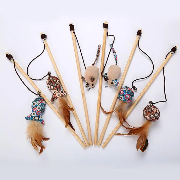 

1pc Fish Ball Mouse Feather Wooden Handle Interactive Fun Pet Cat Teaser Toy