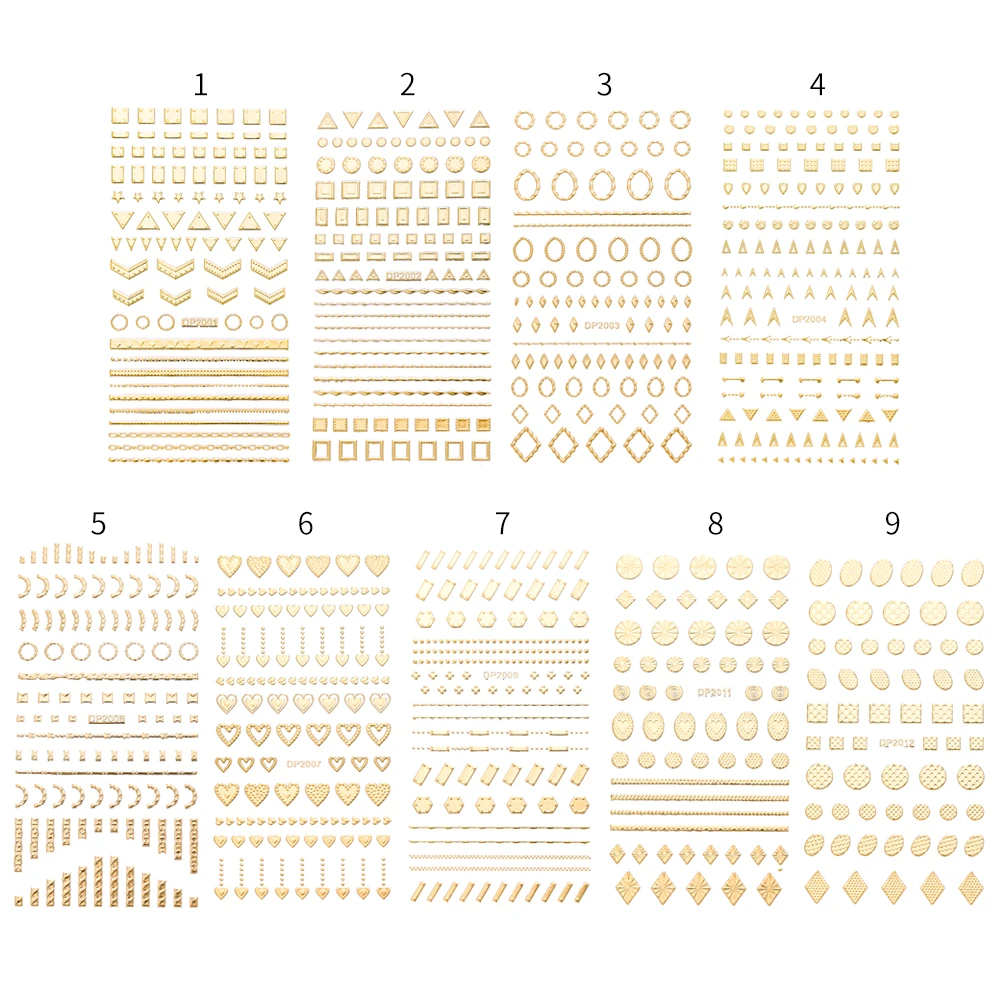 Золотые 3D наклейки для ногтей полосы геометрические сердца смешанные формы узорами, дизайн ногтей самоклеющиеся клейкие переводные наклейки украшения DIY Инструменты