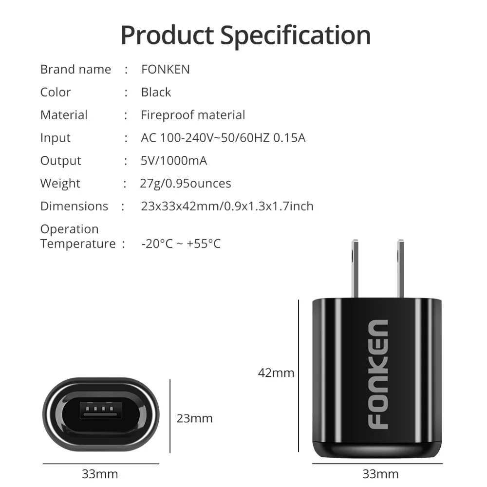 FONKEN 5V 1A USB зарядное устройство UL сертифицированное Универсальное для телефона