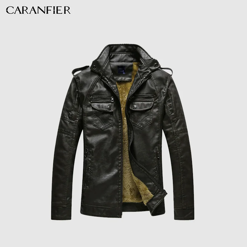 CARANFIER мужские кожаные куртки зимние мужские из искусственного флиса плюс толстое теплое пальто байкерские мотоциклетные мужские классические куртки наивысшего качества - Цвет: dark brown