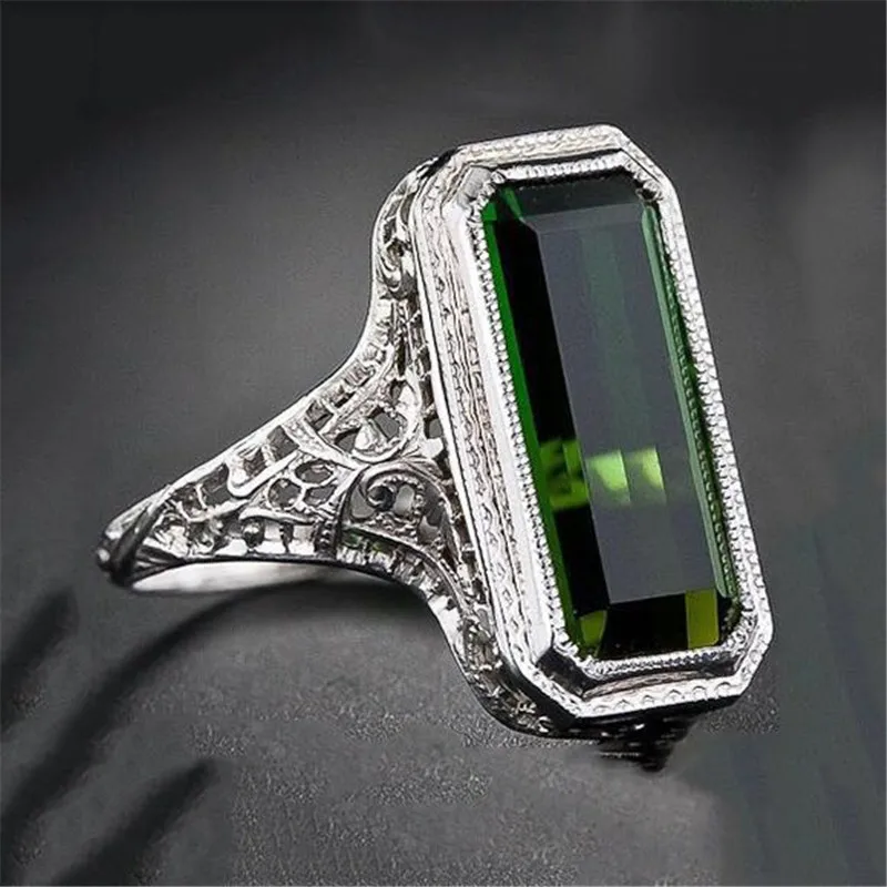 

New Elegant Cubic Zirconia Square Green Crystal Wedding Rings For Women Silver Color Engagement Ring USA Size 6 7 8 9 10