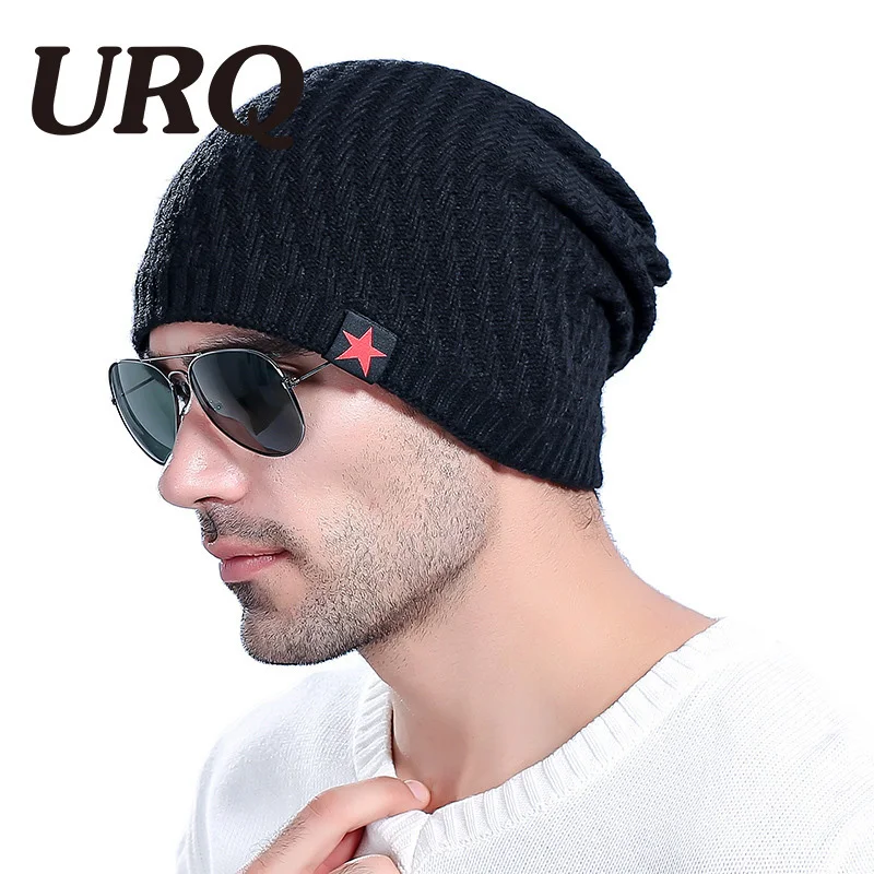 URQ Skullies парня Красная звезда шапка зимняя шапочка человек skully трикотажные акриловые шапочки мужские зимние теплые Шапки Повседневный стиль...