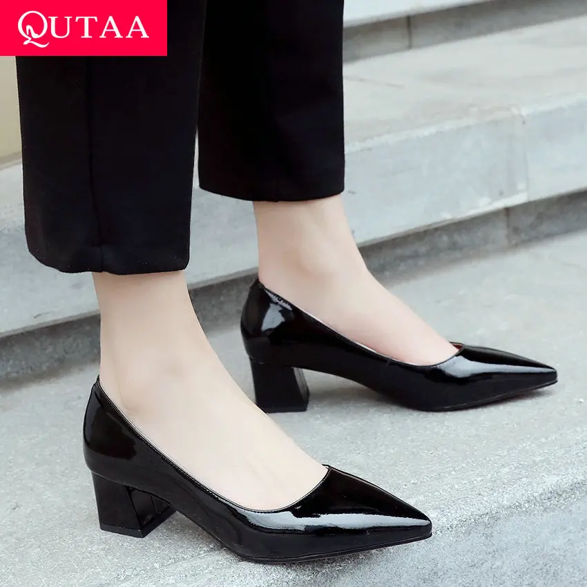 

QUTAA 2019 Women Shoes Patent Leather Fashion Women Shoes Platform Slip on Pointed Toe Elegant Casual Ladies Pumps Size 34-39