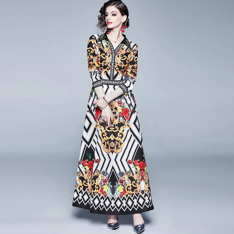 

Women Designer Long Sleeve Dress Turn Down Collar Button Printed Vintage Runway Dress Maxi Vestidos