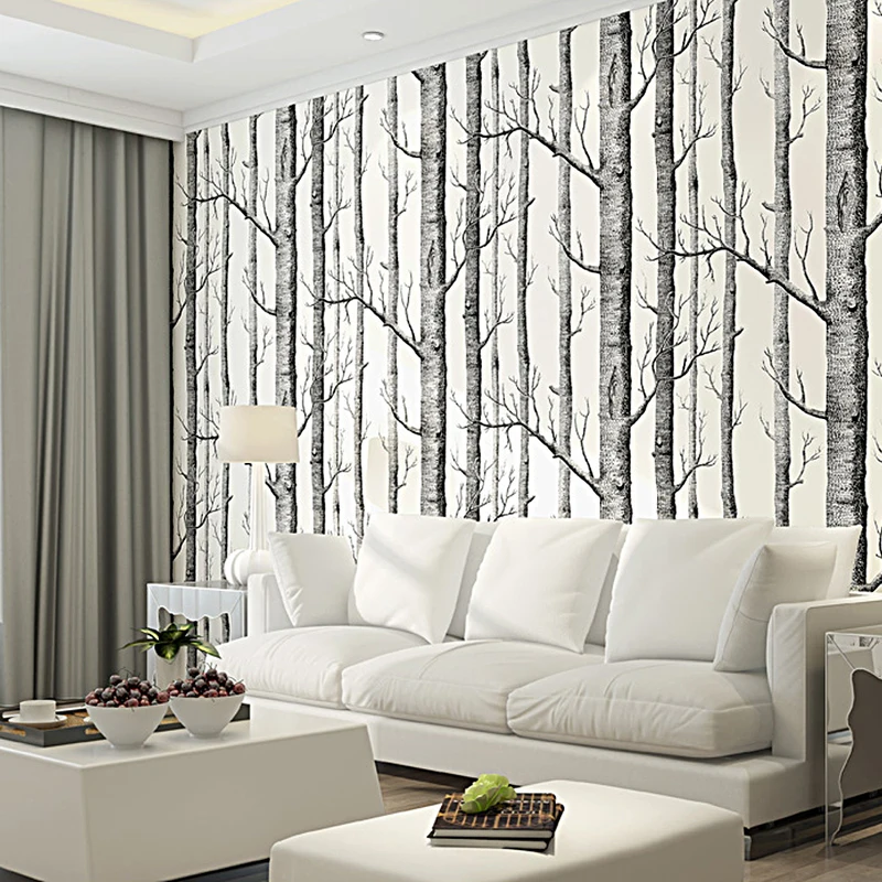 Black White Birch Tree Wallpaper for Bedroom Modern European Design Living Room Wall Paper Roll Rustic Forest Woods Wallpapers