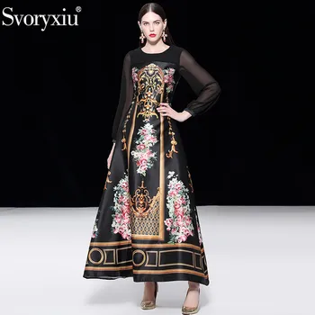 

Svoryxiu 2018 Runway Autumn Long Sleeve Maxi Long Dress Women's Vintage Gold Floral Print Maxi Elegant Party Dress Vestdios
