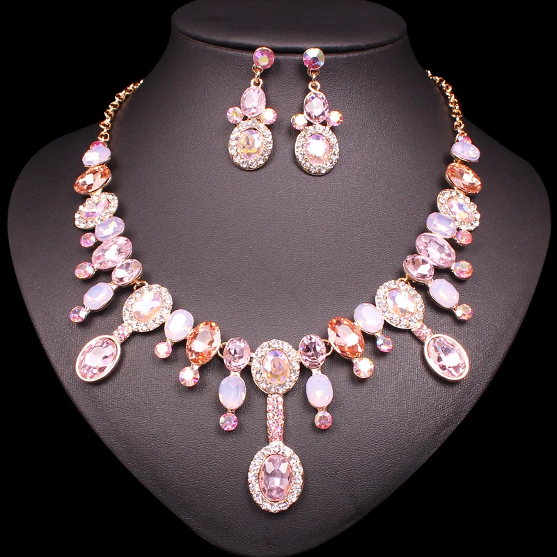 Buy Fashion Pink Crystal Earrings Necklace Set Indian