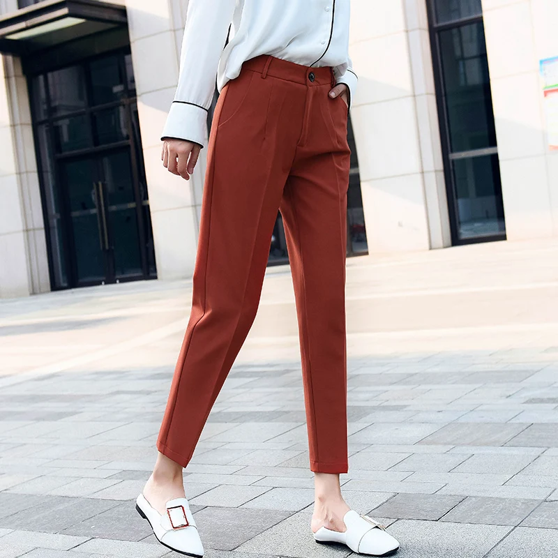 

OL Style Women Pencil Pants High Waist Pockets Brown Work Trousers 2018 Autumn Ankle-length Female Pants