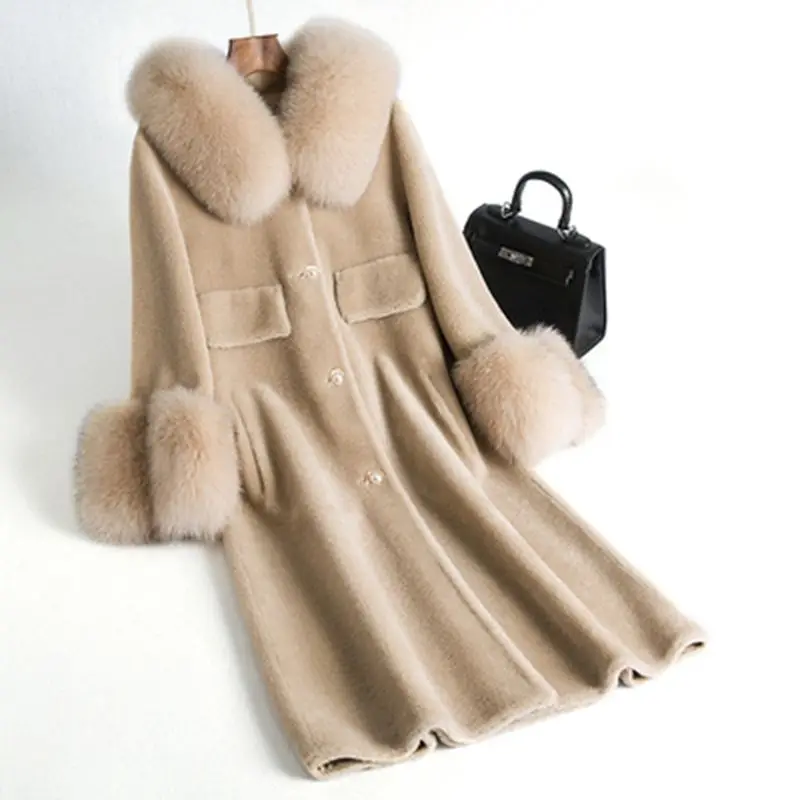 Модное женское длинное зимнее пальто для стрижки овец, женская шуба из натурального Лисьего меха, Высококачественная шерстяная куртка с воротником из натурального Лисьего меха, парки YP2136 - Цвет: gong mi