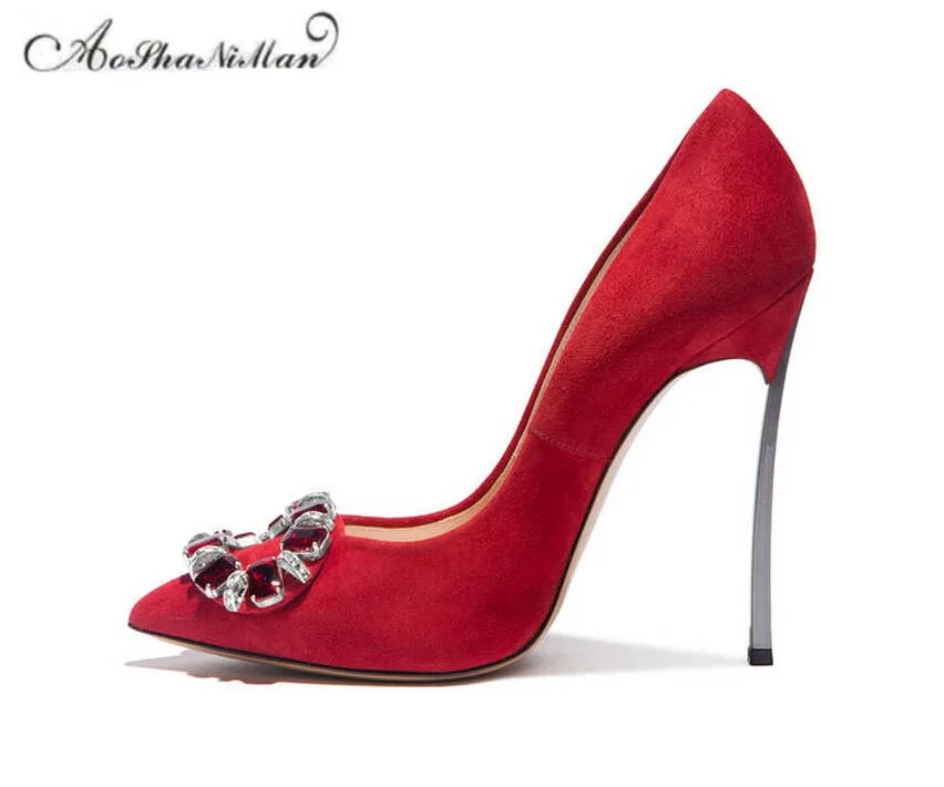

2019 spring newest Wedding brede red Shoes thin heel pointed toe heels stilettos suede leather shoes women real leather pupms