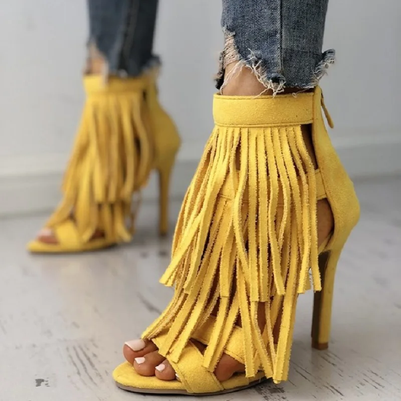 Летние женские сандалии-гладиаторы на высоком каблуке; пикантная женская обувь с открытым носком; модные босоножки на шпильке с бахромой; цвет красный, желтый; Большой размер 42