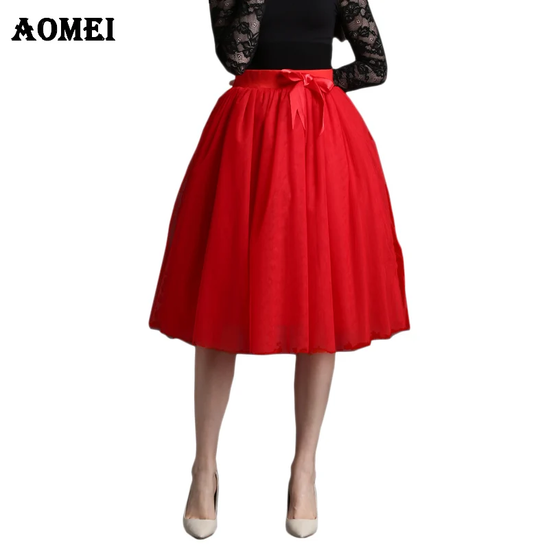 Women Plus size Mesh Spring Skirt Red Black Solid color Elastic waist ...