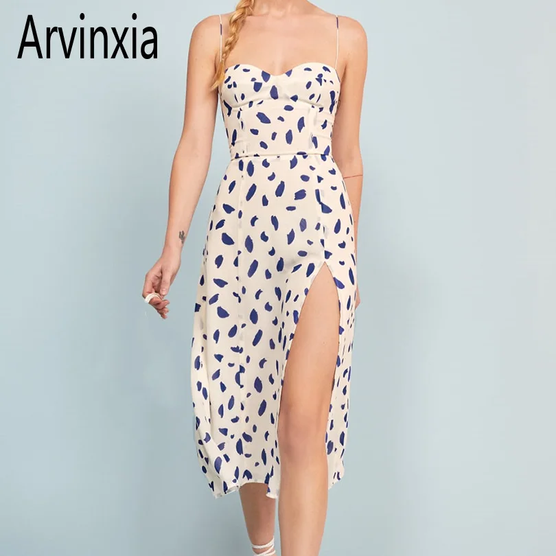 

Arvinxia ZA Sexy Spaghetti Strap Floral Printed Woman Chiffon Dress Chic Streetwear Backless Vestidos New Split Sleeveless Dress
