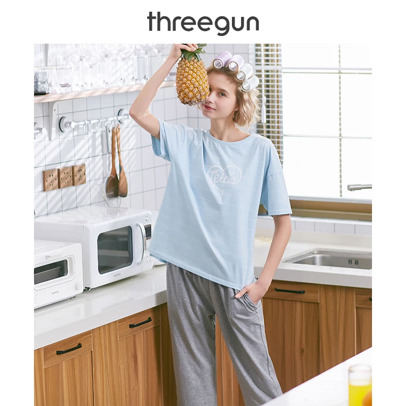 THREEGUN пижамный комплект женская футболка половина штанов костюм стрейч хлопок